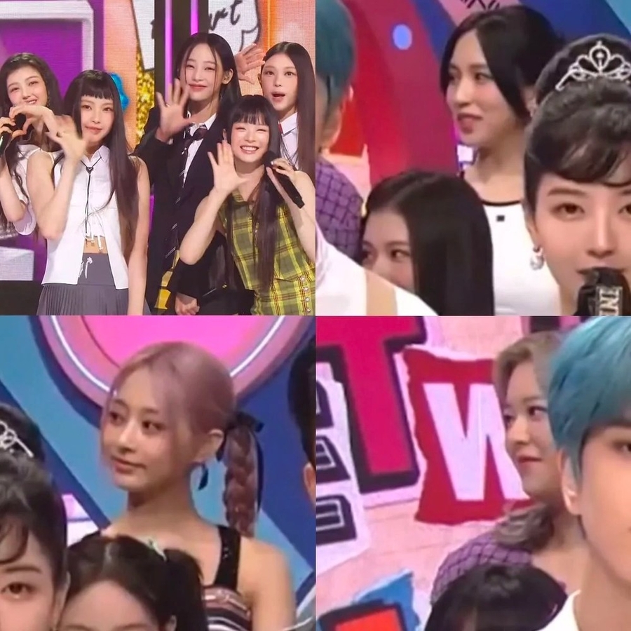 TWICE say mê ngắm nhìn NewJeans kết màn. (Ảnh: Chụp màn hình YouTube Inkigayo)