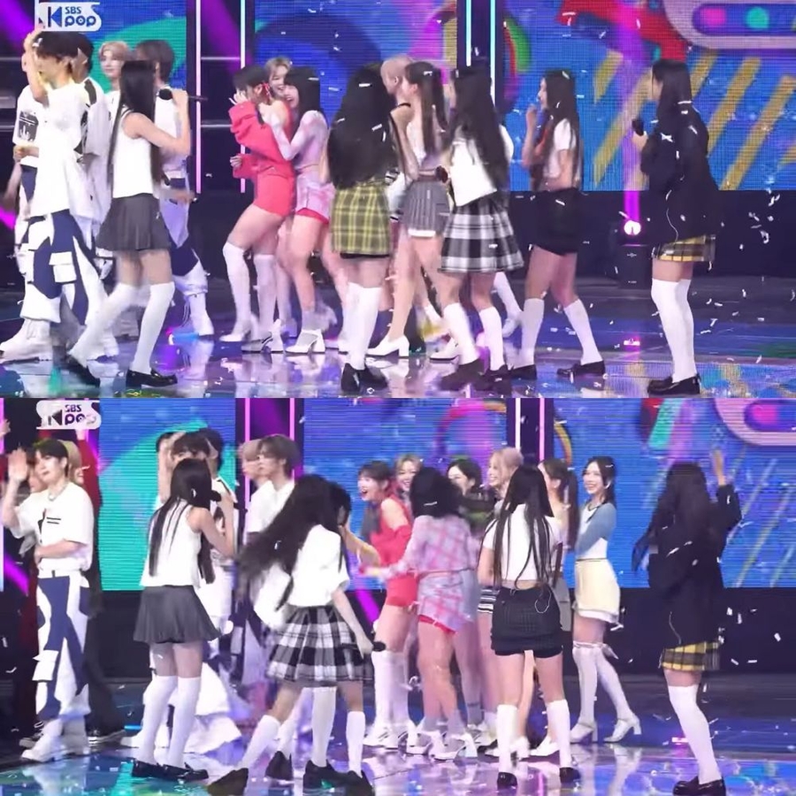 Tân binh NewJeans rối rít chào tiền bối. (Ảnh: Chụp màn hình YouTube Inkigayo)