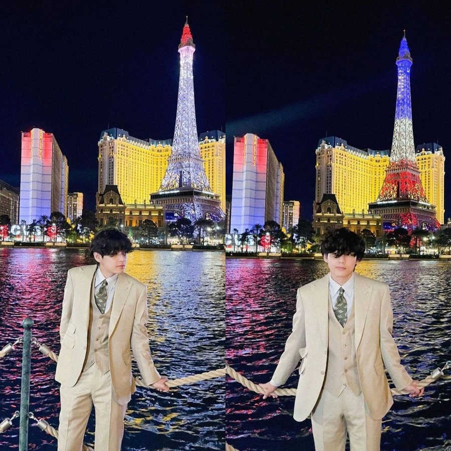 Nam thần tượng nổi bật trong bộ vest màu be. (Ảnh: Instagram @thv)