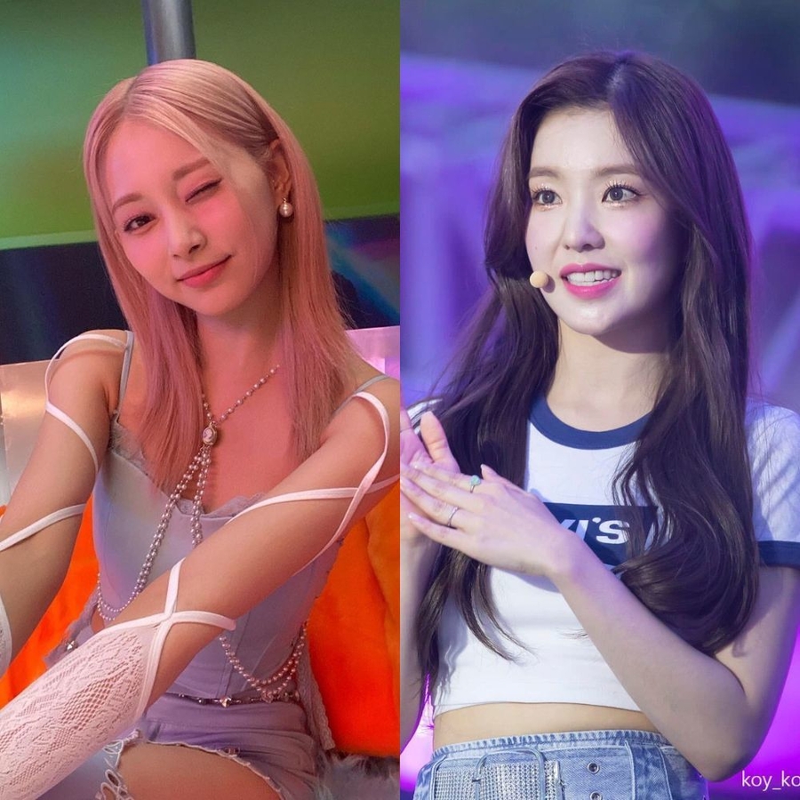 Nữ idol Gen 3 từng khiến các fan xuýt xoa về nhan sắc khi nhuộm tóc tím. (Ảnh: Fanpage Tzuyu Vietnam, Fanpage Irene Vietnam)