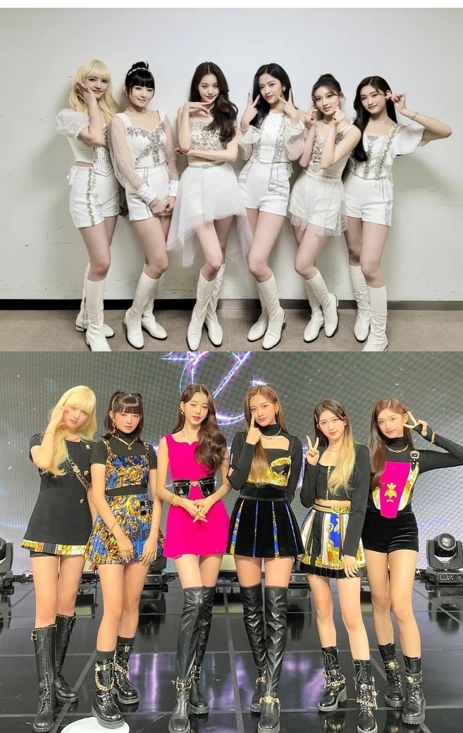 Nữ idol luôn phải khuỵu chân để không quá nổi bật so với các thành viên. (Ảnh: Twitter @IVEstarship)