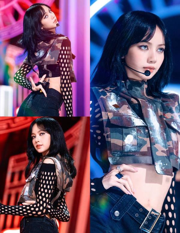 Lisa diện trang phục có chất liệu jeans kèm chiếc áo khoét lỗ ở tay khá độc đáo. (Ảnh: Kpopping)