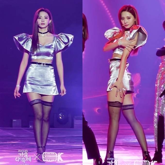 Tzuyu kém thu hút khi xuất hiện trên sân khấu với "bộ cánh" có chất liệu phi bóng. (Ảnh: KBS)