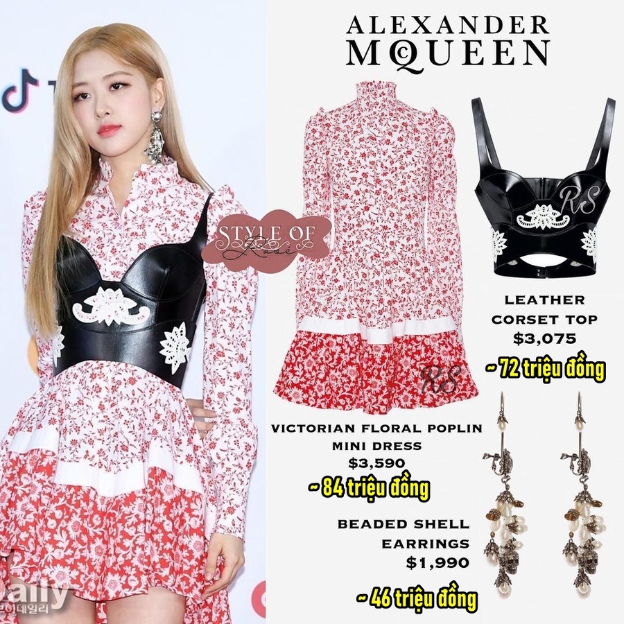 Cách phối đồ khó hiểu của stylist khi cho Rosé diện váy hoa với corset. (Ảnh: Instagram @styleof_rose)