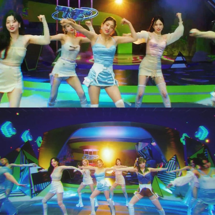 TWICE nhiệt tình "lăng xê" mẫu trang phục phi bóng trong MV. (Ảnh: Chụp màn hình YouTube JYP Entertainment)