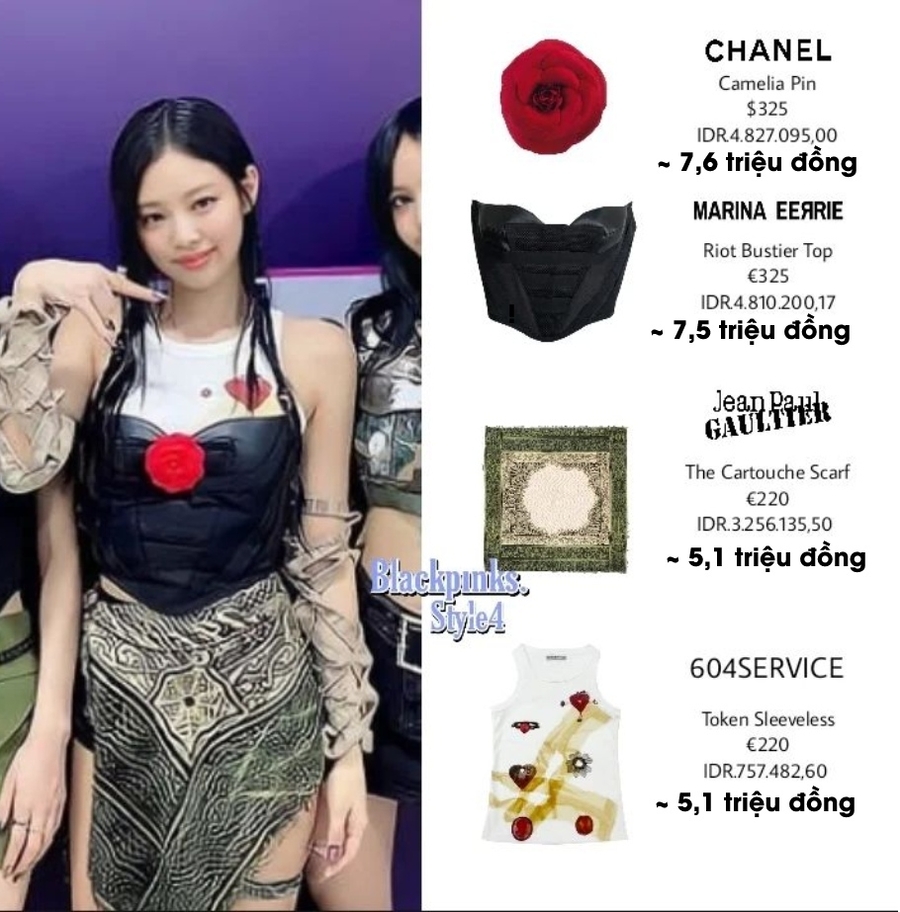 Giá trị của bộ trang phục Jennie diện chỉ khoảng 25,4 triệu đồng nhưng vẫn đủ gây ấn tượng với khán giả. (Ảnh: Instagram @Blackpink.Style4)