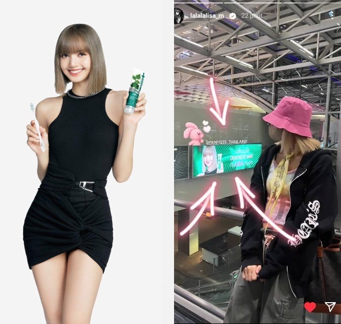 Cô nàng thả dáng cạnh biển quảng cáo của chính mình. (Ảnh: Chụp màn hình Instagram @lalalalisa_m)